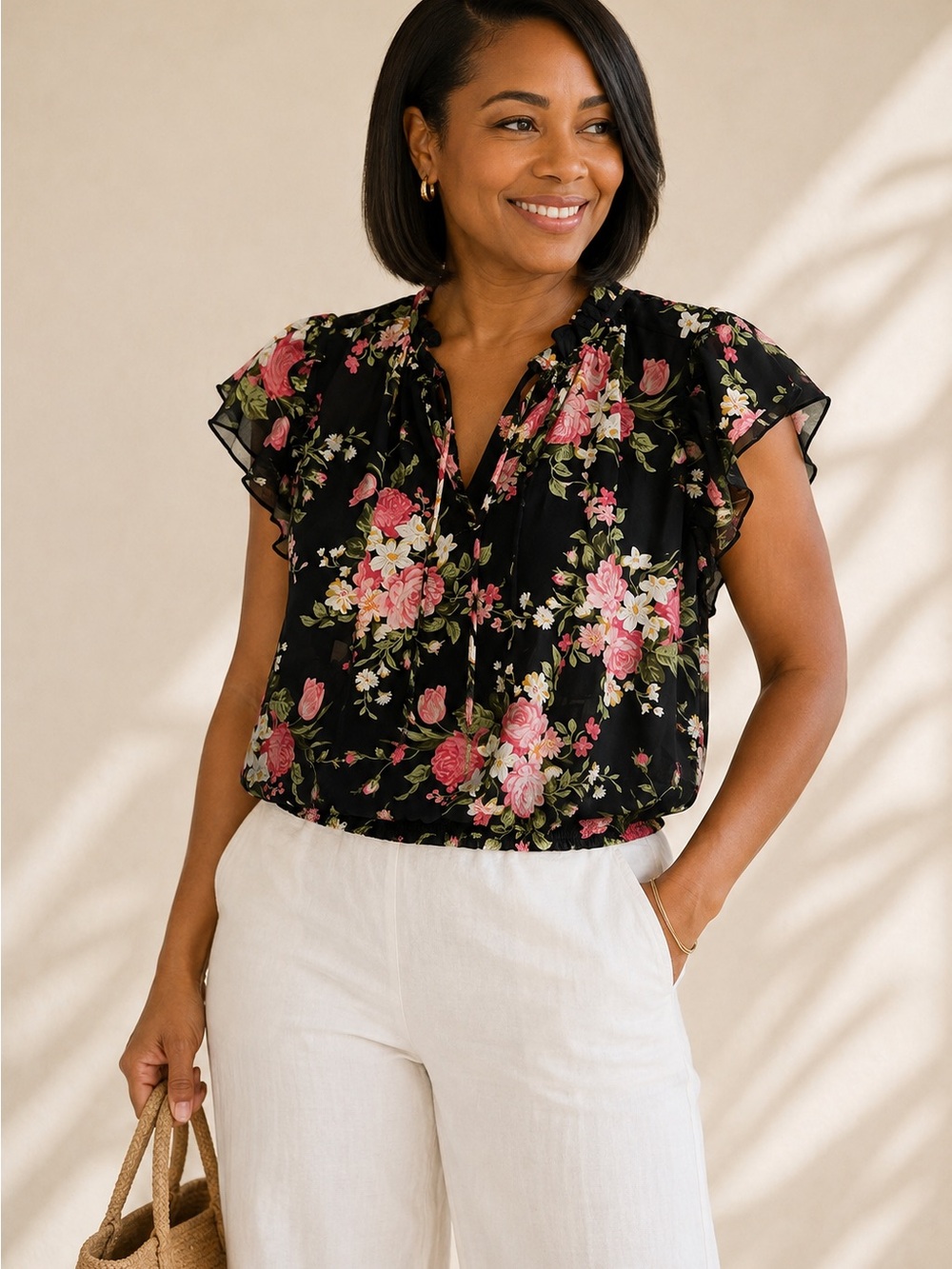 Tamara H Floral Ruffle Sleeve Tie Neck Blouse Black Pink S